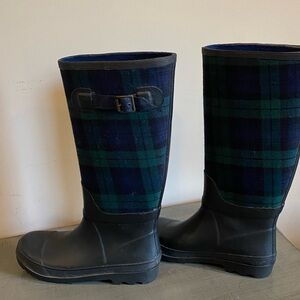 J Crew women’s size 8 black watch plaid rain boots
